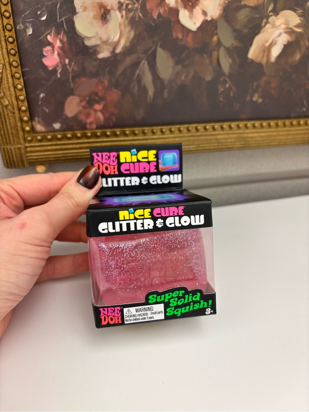 Cube Glitter & Glow Pink Super Solid Squish Needoh Pink Squishy